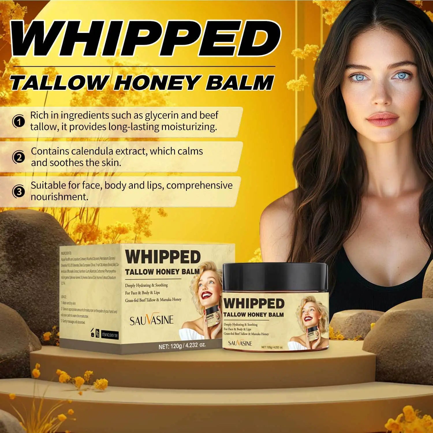 120g Whipped Beef Tallow Honey Balm Honey Olive Oil Face Cream Body Lotion  Moisturizing Grass Fed Grass Finished Cream