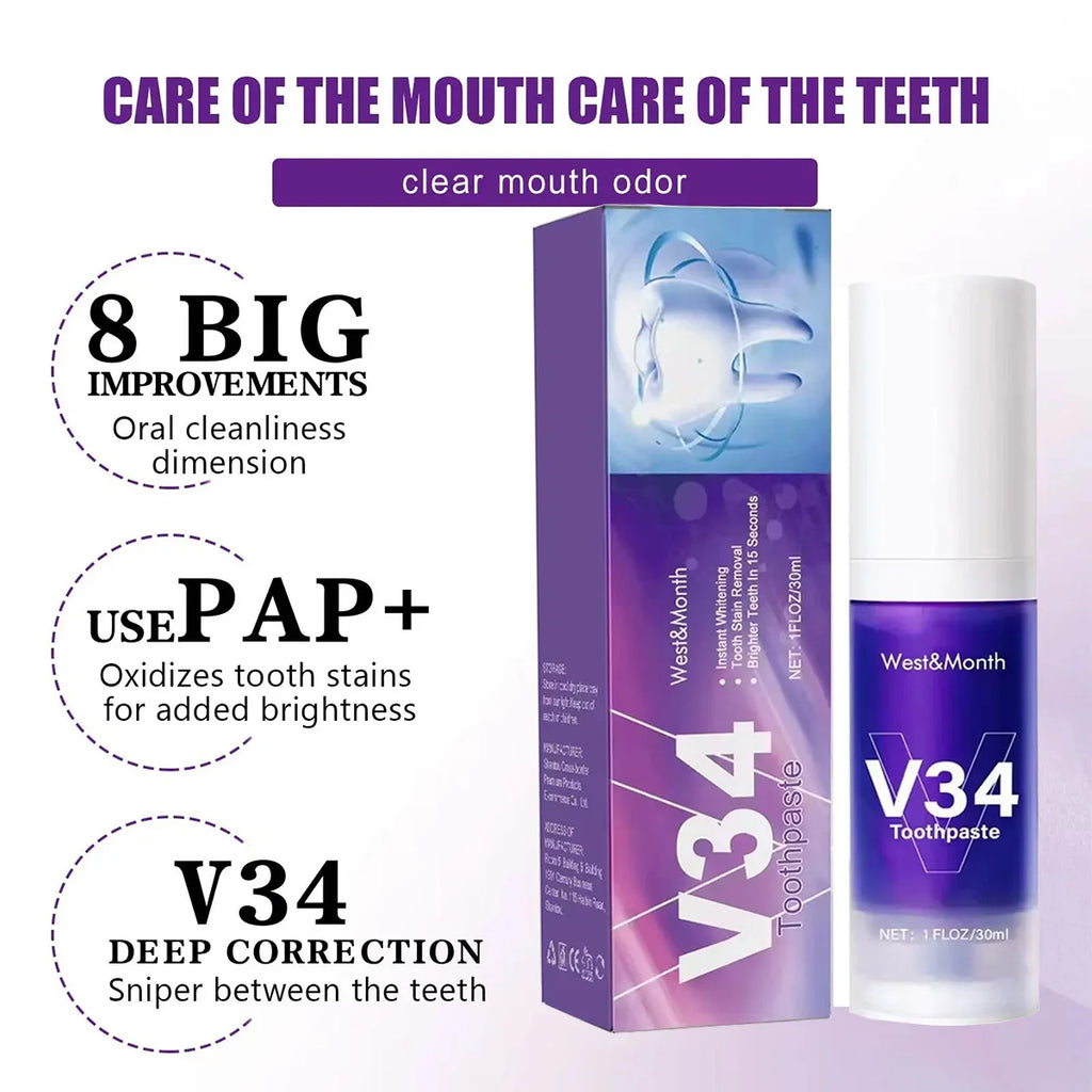 30ml V34  Purple Toothpaste Clean Oral Hygiene Fresh Breath Removes Tartar