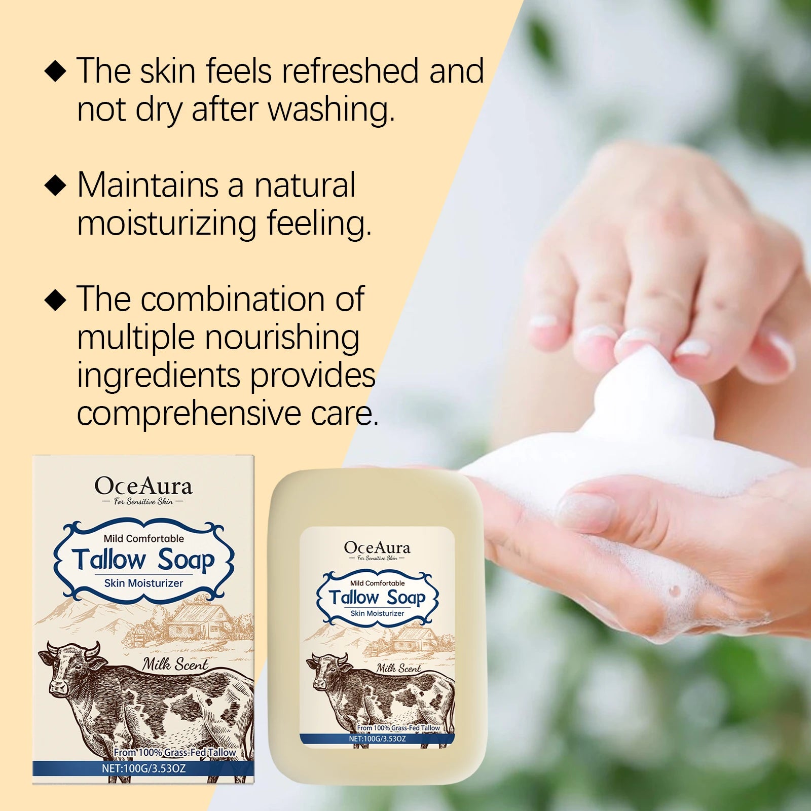 OCEAURA Tallow Soap, Beef Tallow Soap, Pure Tallow Balm Soap Bar for Sensitive Skin - Moisturizes, Soothes, and Hydrates 100g