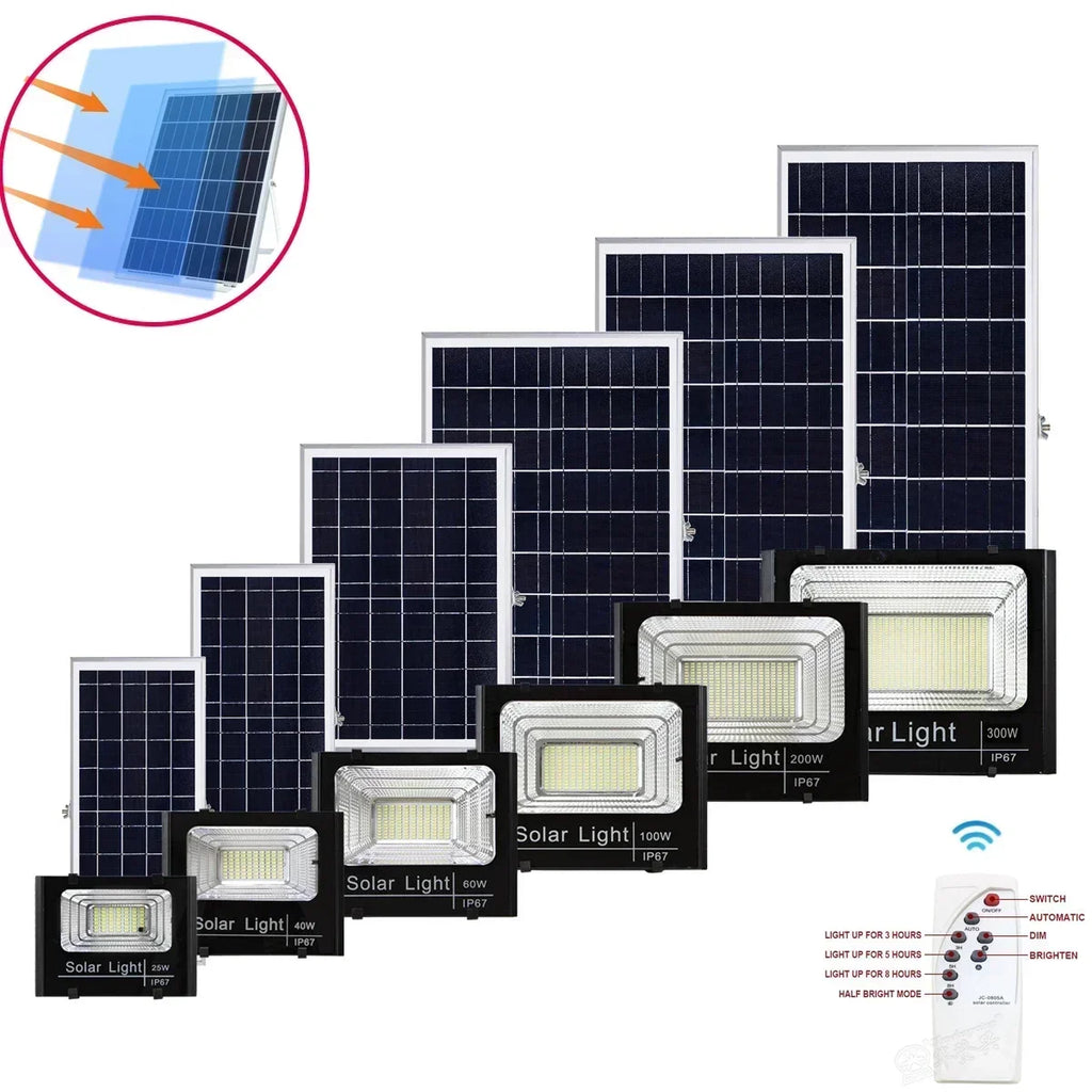 Solar Flood Lights 50-500W Solar Powered Spotlight Outdoor Waterproof IP67 Villa Street Lighting Adjustable Angle Remote Control