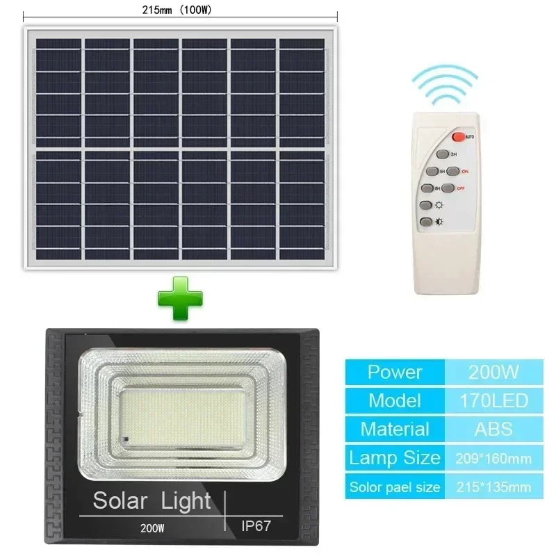Solar Flood Lights 50-500W Solar Powered Spotlight Outdoor Waterproof IP67 Villa Street Lighting Adjustable Angle Remote Control