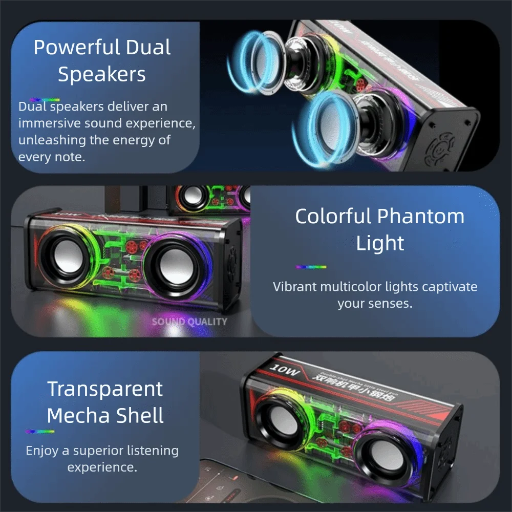 Bluetooth 5.0 V8 Transparent Mecha Speakers Double Bass Diaphragm TWS Stereo Wireless Double Bass 1800mAh Battery RGB Light
