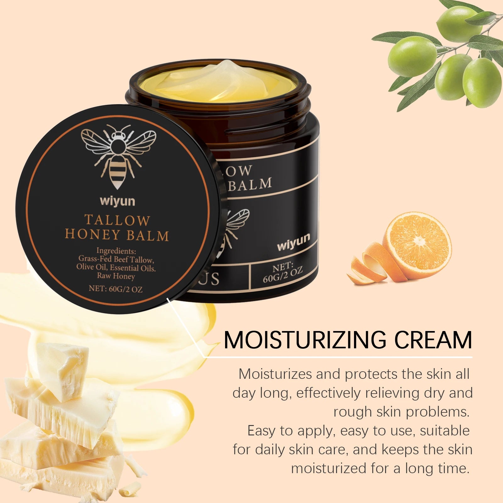 Tallow Honey Balm Moisturizing Cream for Face Body Grass Fed Beef Tallow Balm Natural Deep Moisturizer Soft Soothing Skin