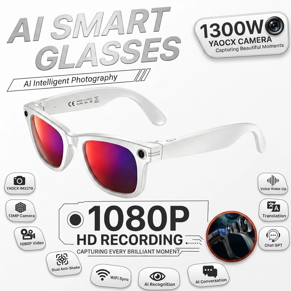 AI Smart Glasses 1080P HD Camera Recording 13MP Lens Real Time Translation GPT Voice Assistant Anti Shake Eyewear Smart Glasses