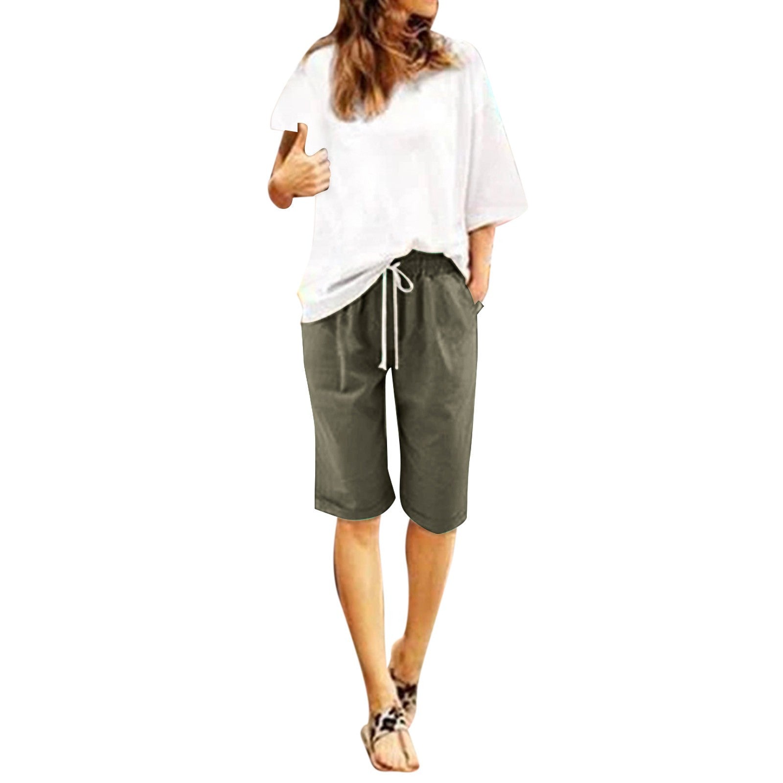 Five Point Pants For Women Summer Cotton Pants Plus Size High Waisted Shorts Lacing Beach Trousers Knee Length Workout Pocket