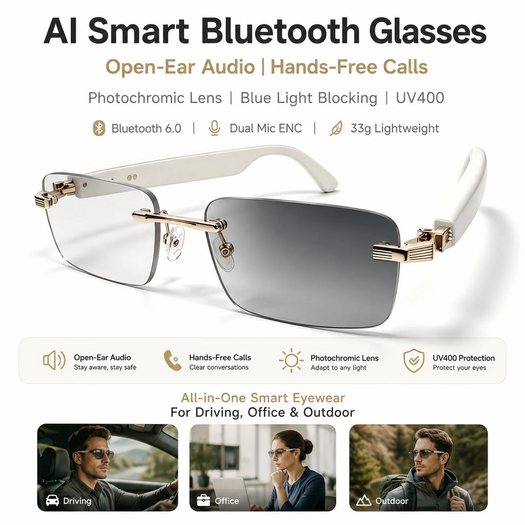 AI Smart Bluetooth Glasses Sunglasses Smartglasses Open Ear Audio Dual Mic ENC Photochromic UV400 Blue Light for Driving Use