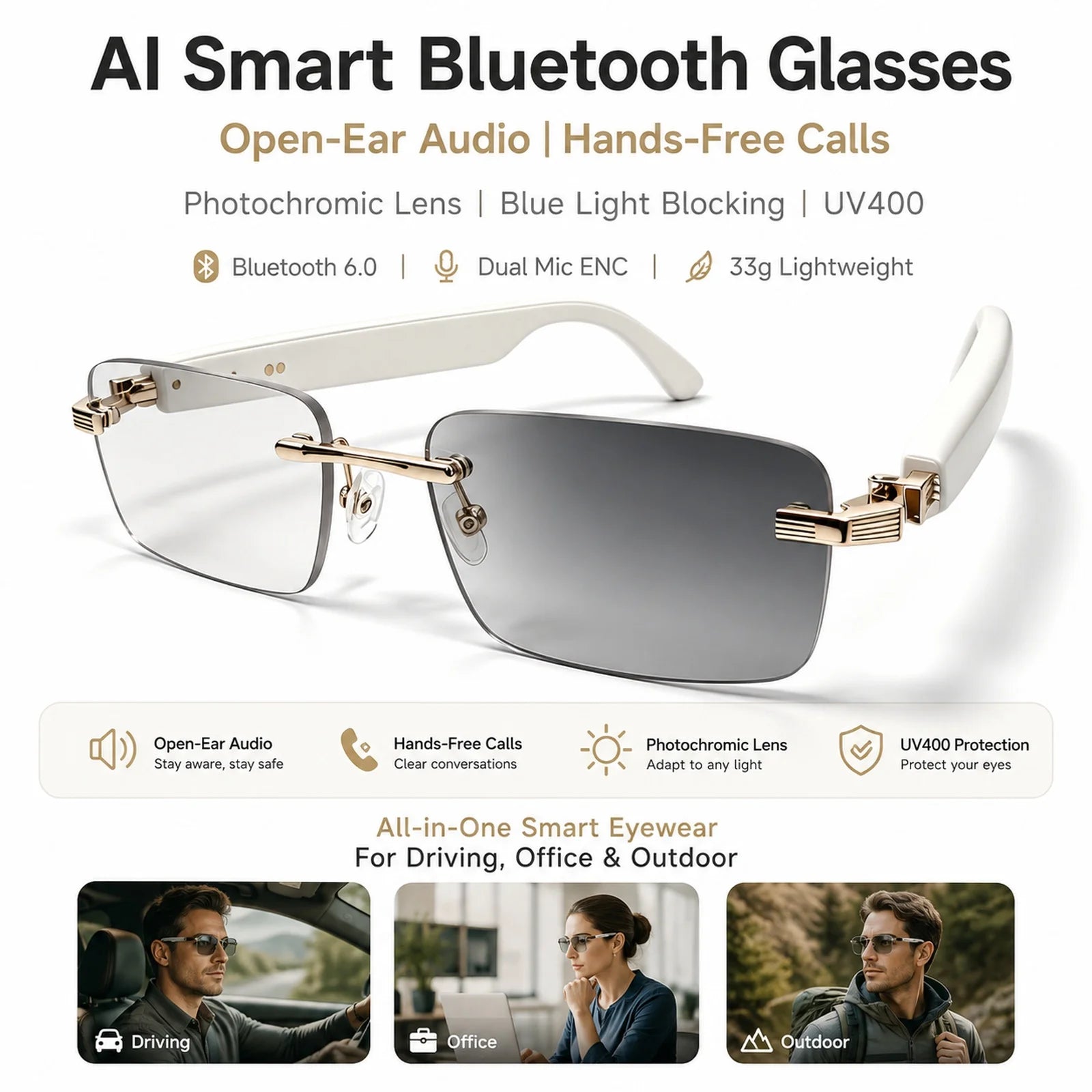 AI Smart Bluetooth Glasses Sunglasses Smartglasses Open Ear Audio Dual Mic ENC Photochromic UV400 Blue Light for Driving Use