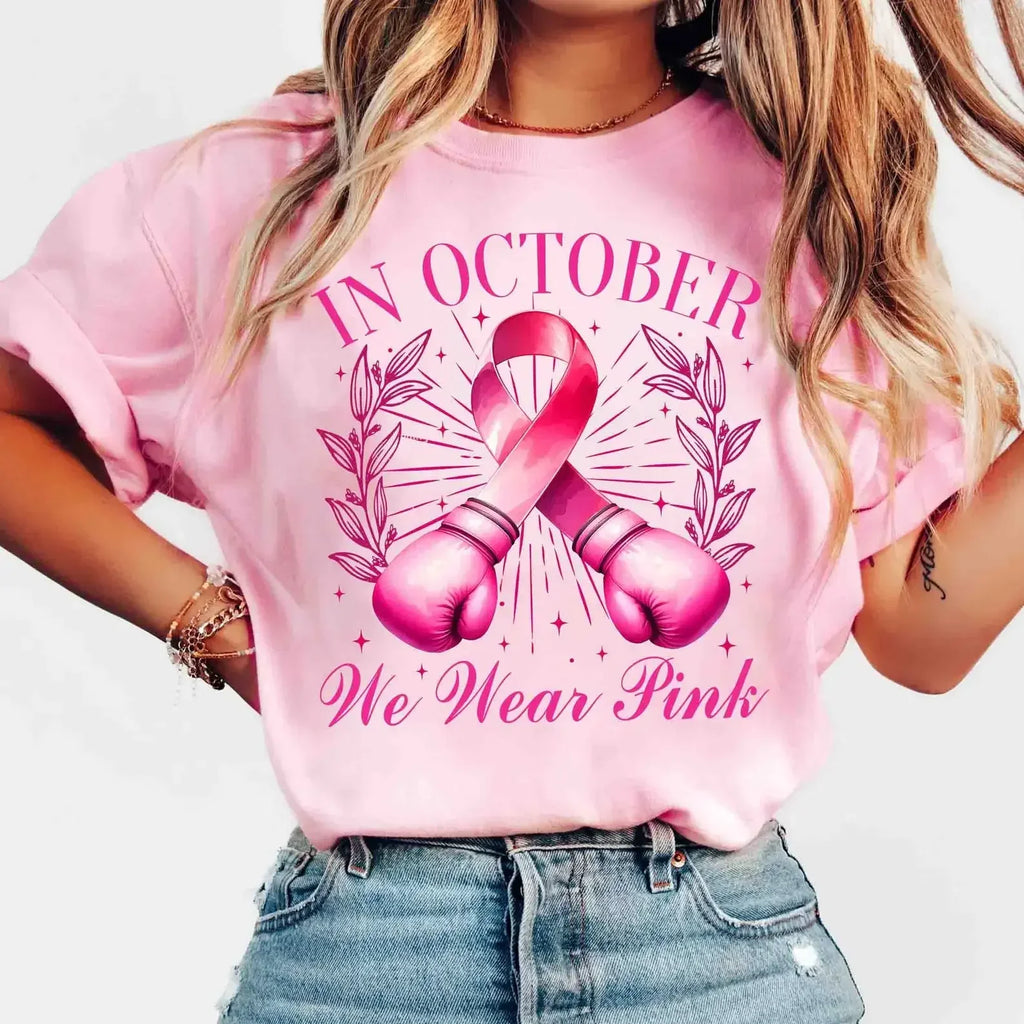 Breast Cancer Awareness We Wear Pink Awareness Ribbon Aesthetic Clothes Pink and White Tops Shirt