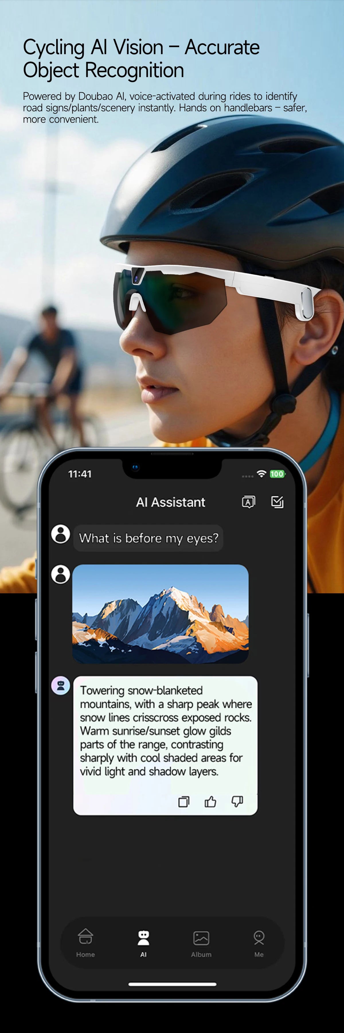New AI smart glasses for outdoor cycling featuring an 800p camera and a compact, high-definition anti-shake action camera