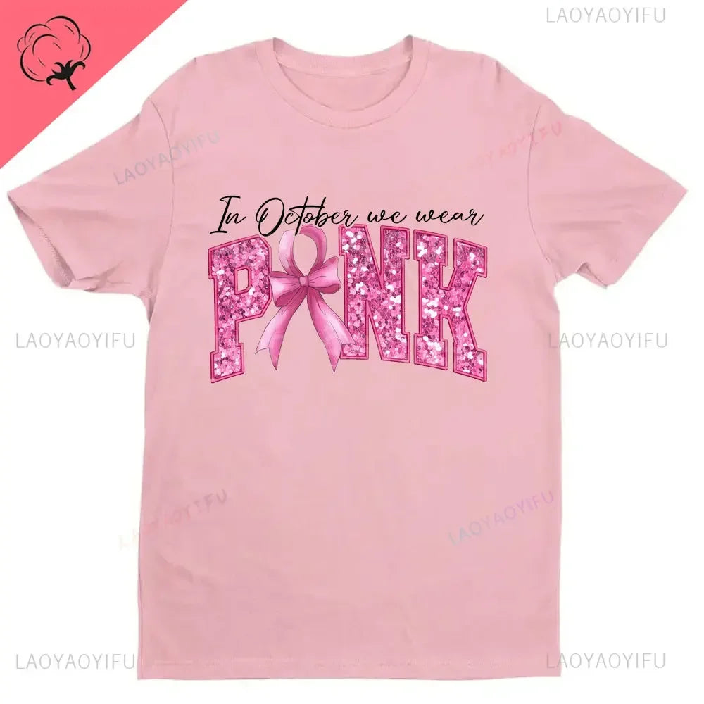 Breast Cancer Awareness We Wear Pink Awareness Ribbon Aesthetic Clothes Pink and White Tops Shirt