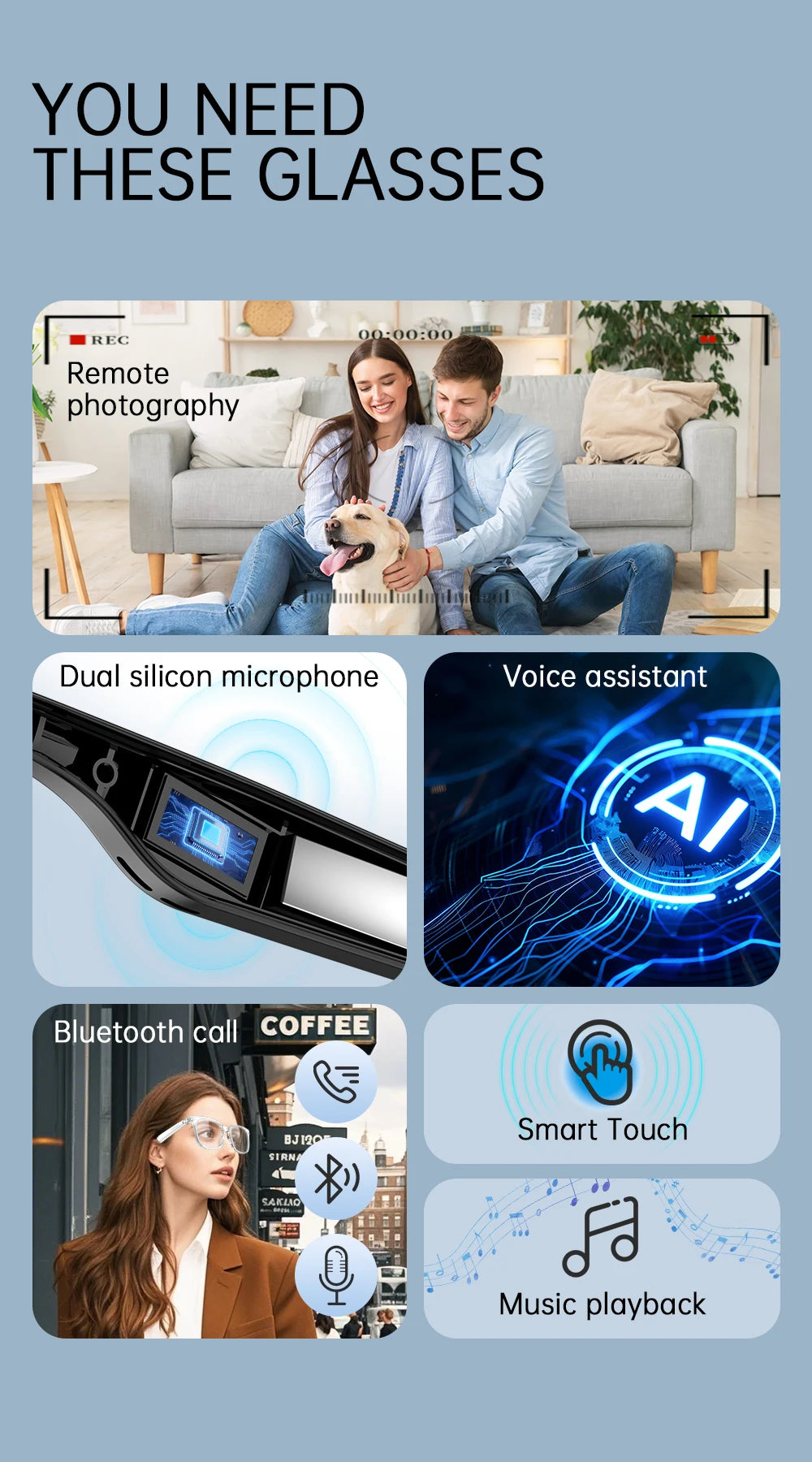 AiMB V6 Max AI Smart Glasses Blue Light Blocking UV400 Bluetooth 5.4 Voice Assistant Music Calls Dual Speakers Camera Control