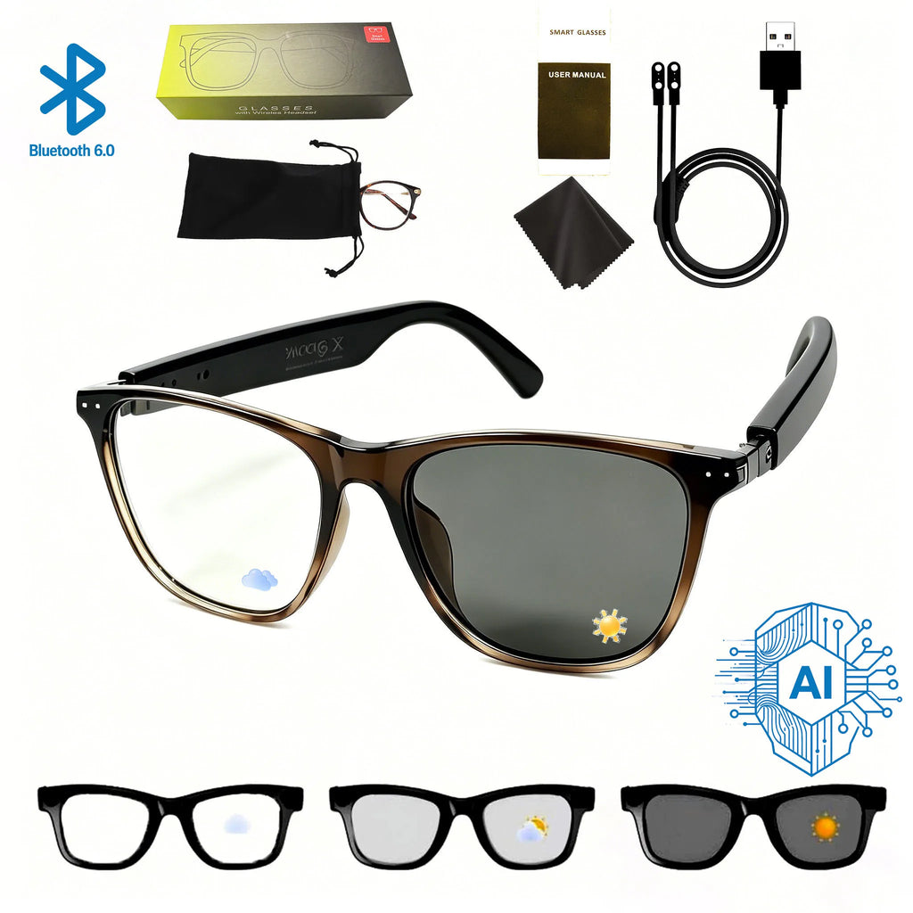 AI Smart Bluetooth Glasses Sunglasses Smartglasses Open Ear Audio Dual Mic ENC Photochromic UV400 Blue Light for Driving Use