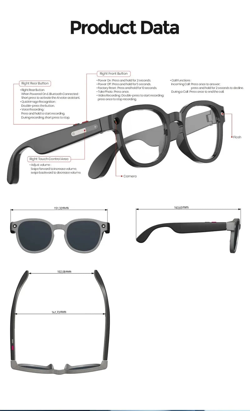 2026 New AI Smart Glasses AI Translation 8MP HD Camera 4K Shooting Image Bluetooth Call Recording Music Smart Sunglasses
