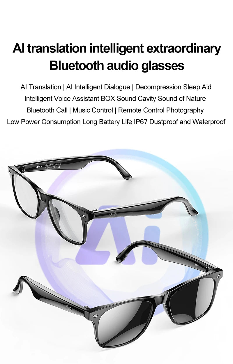 AI Smart Glasses for Men Smart Translation Glasses with Waterproof Call Function BT Smart Sunglas Outdoor Sports Headphones