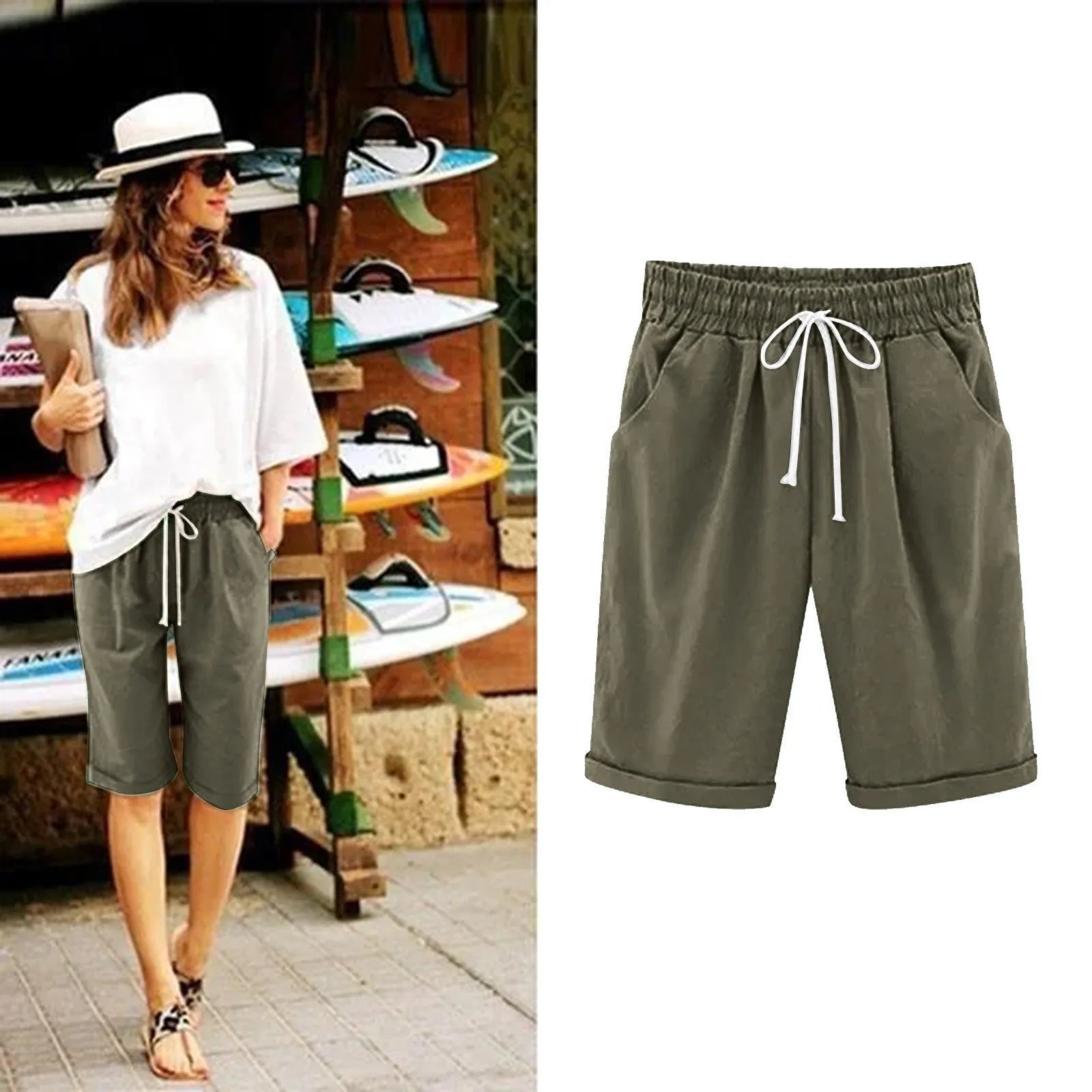 Five Point Pants For Women Summer Cotton Pants Plus Size High Waisted Shorts Lacing Beach Trousers Knee Length Workout Pocket