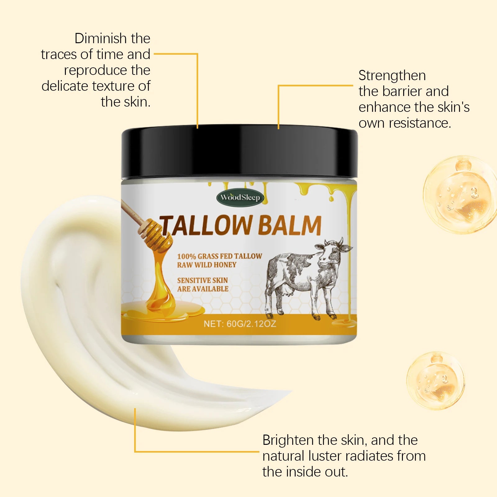 Beef Tallow Honey Balm Tighten Skin Barrier Repair Lifting Facial Rejuvenation Soft Smooth Whipped Tallow Cream Moisturizer 60g