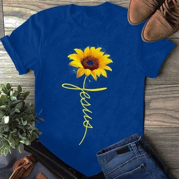 Sunflower Jesus Letter Print T Shirt Women Short Sleeve O Neck Loose Tshirt Summer