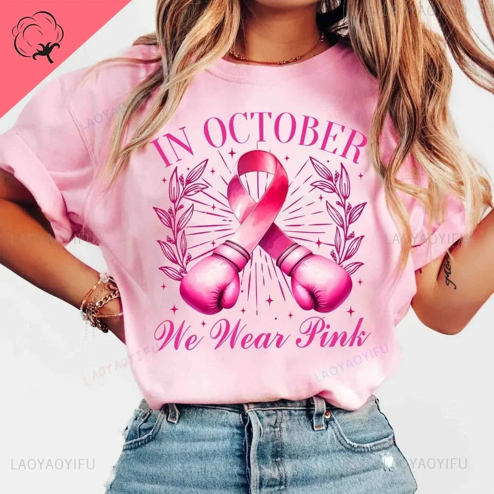 Breast Cancer Awareness We Wear Pink Awareness Ribbon Aesthetic Clothes Pink and White Tops Shirt