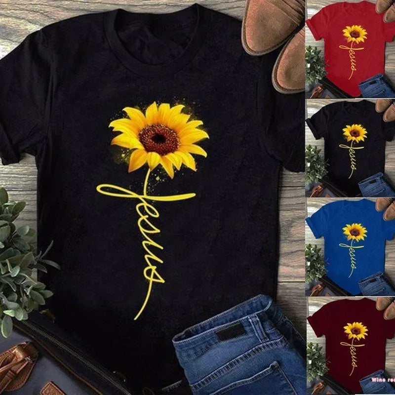 Sunflower Jesus Letter Print T Shirt Women Short Sleeve O Neck Loose Tshirt Summer