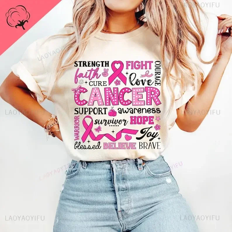 Breast Cancer Awareness We Wear Pink Awareness Ribbon Aesthetic Clothes Pink and White Tops Shirt