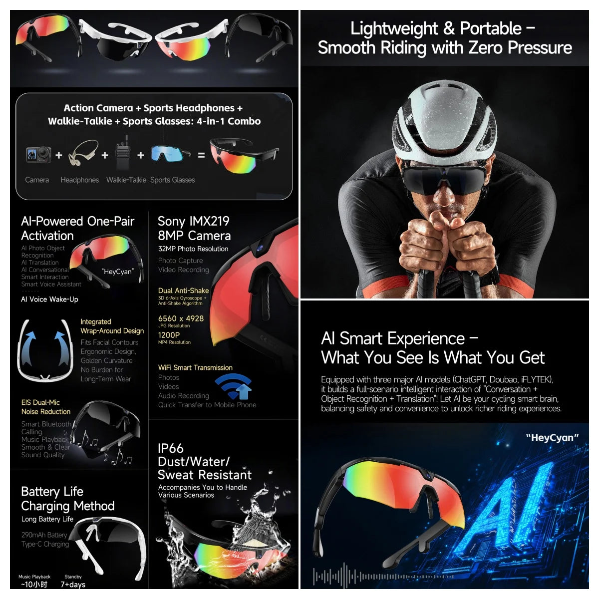 New AI smart glasses for outdoor cycling featuring an 800p camera and a compact, high-definition anti-shake action camera
