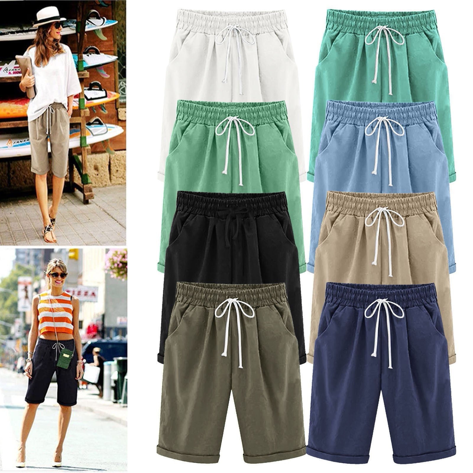 Five Point Pants For Women Summer Cotton Pants Plus Size High Waisted Shorts Lacing Beach Trousers Knee Length Workout Pocket