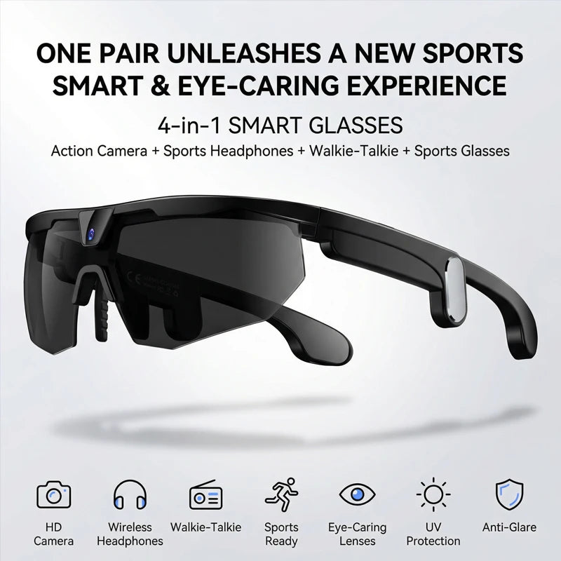 AI Sports Smart Glasses With Camera 2026 Outdoor Cycling Headphones Touch Control Windproof Bluetooth Translation Sunglasses