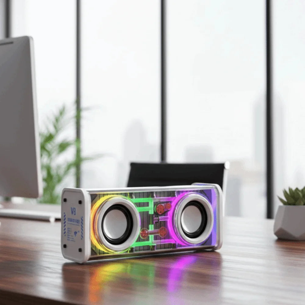 Bluetooth 5.0 V8 Transparent Mecha Speakers Double Bass Diaphragm TWS Stereo Wireless Double Bass 1800mAh Battery RGB Light