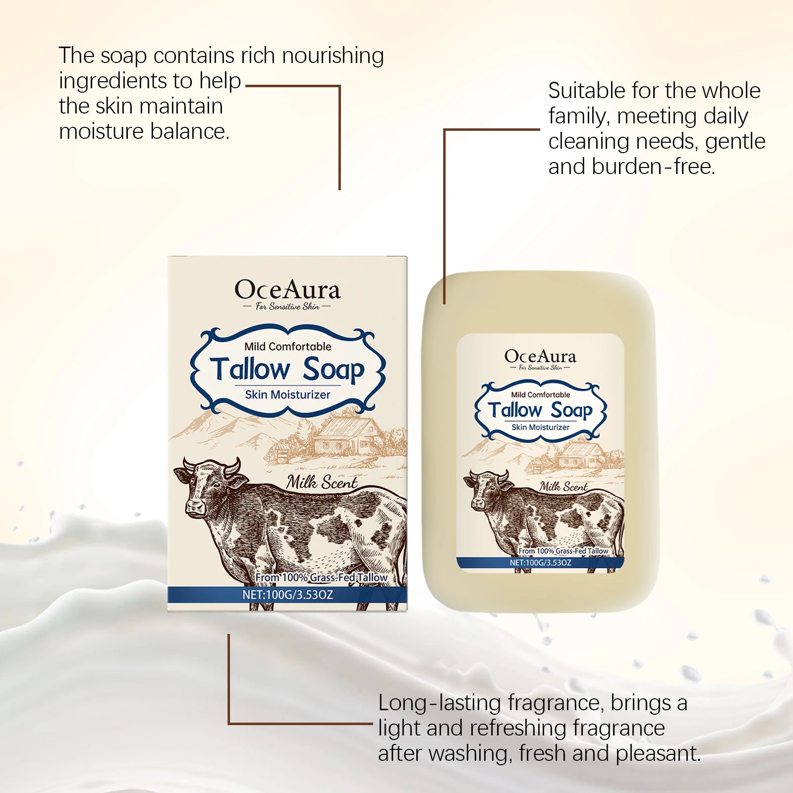 OCEAURA Tallow Soap, Beef Tallow Soap, Pure Tallow Balm Soap Bar for Sensitive Skin - Moisturizes, Soothes, and Hydrates 100g