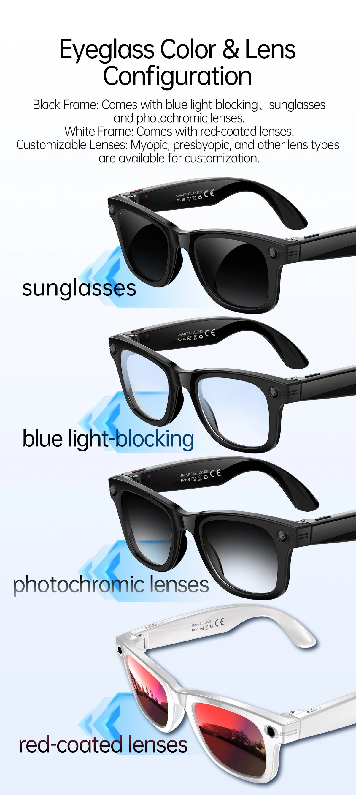 AI 5 Million Pixels Smart Glasses Recording Videos Photo Recognition Answer Translation 290mAh IP66 Waterproof Bluetooth Glasses