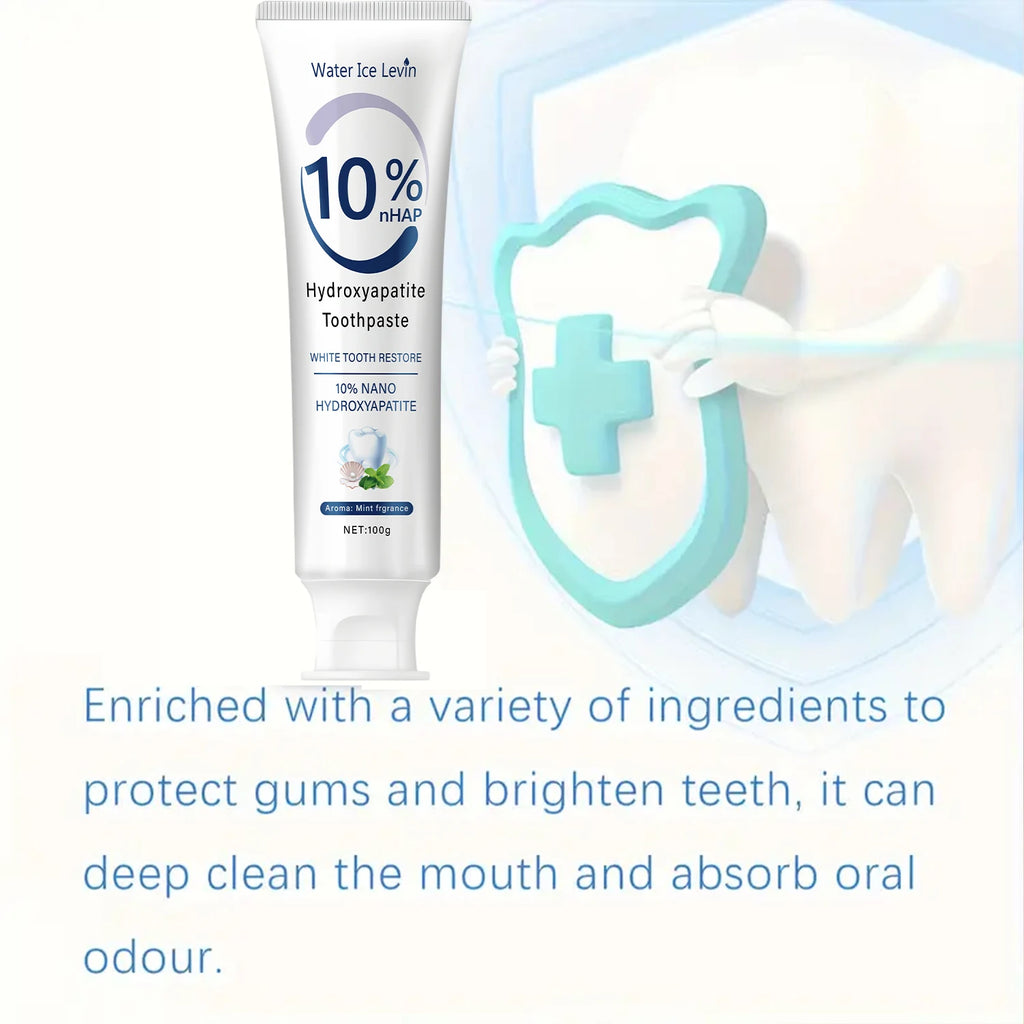 Hydroxyapatite Toothpaste Restores White Teeth. Protects Gums. Deep Cleans. Brightens Smile. Fresh Mint.