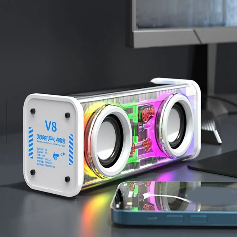 Bluetooth 5.0 V8 Transparent Mecha Speakers Double Bass Diaphragm TWS Stereo Wireless Double Bass 1800mAh Battery RGB Light