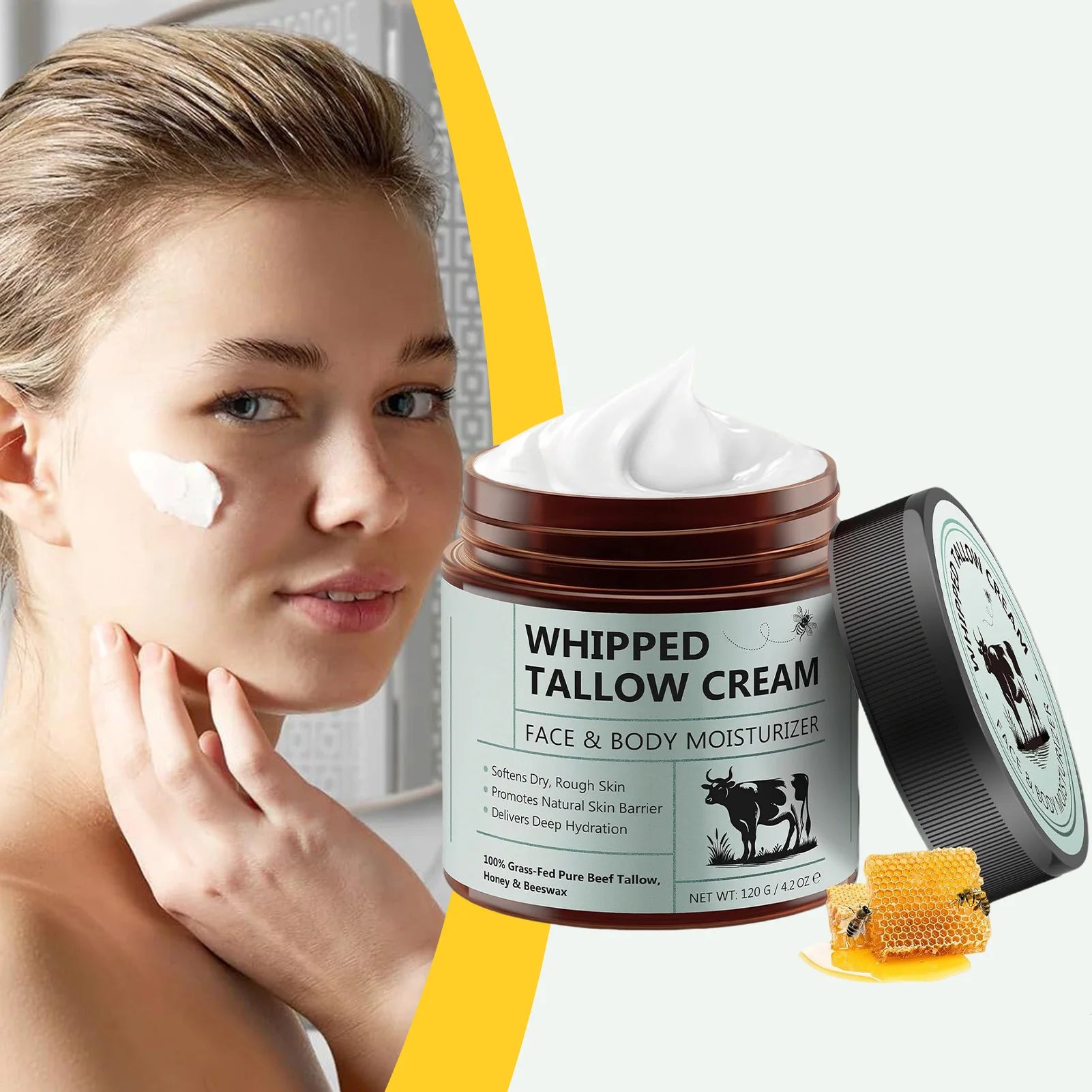 120g Tallow Face Moisturizer Organic-Grass Fed Whipped Beef Tallow with Honey Beeswax Deeply Moisturizing for Face Body