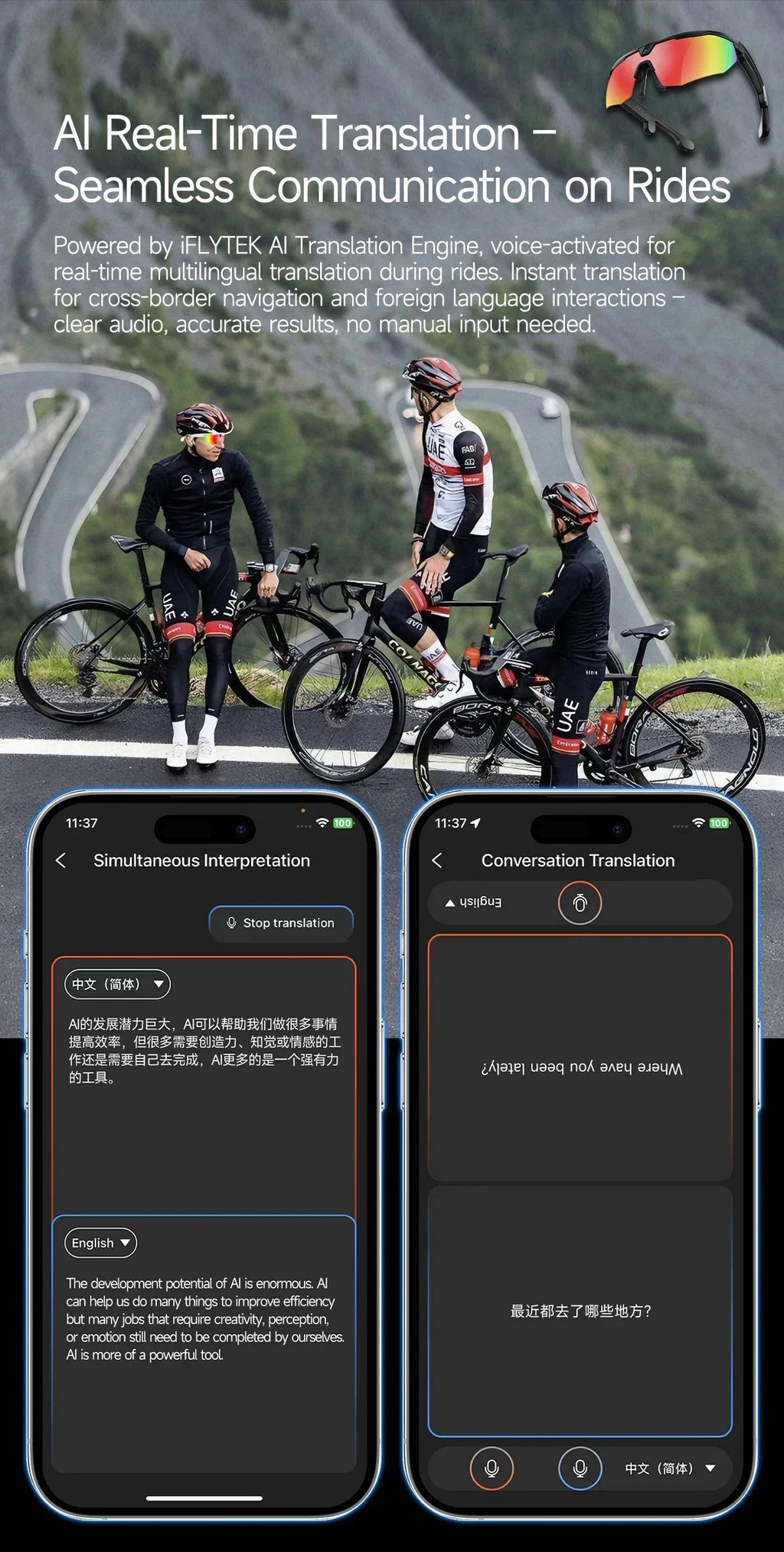2026New AI Smart Glasses 1200P Camera 4K Anti-Shake Cycling Waterproof Goggles AI Voice Translator Call Open Ear Smart Sunglasse