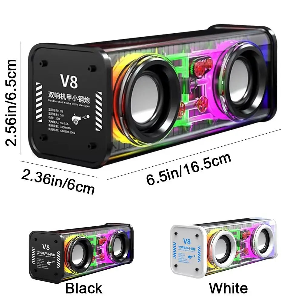 Bluetooth 5.0 V8 Transparent Mecha Speakers Double Bass Diaphragm TWS Stereo Wireless Double Bass 1800mAh Battery RGB Light
