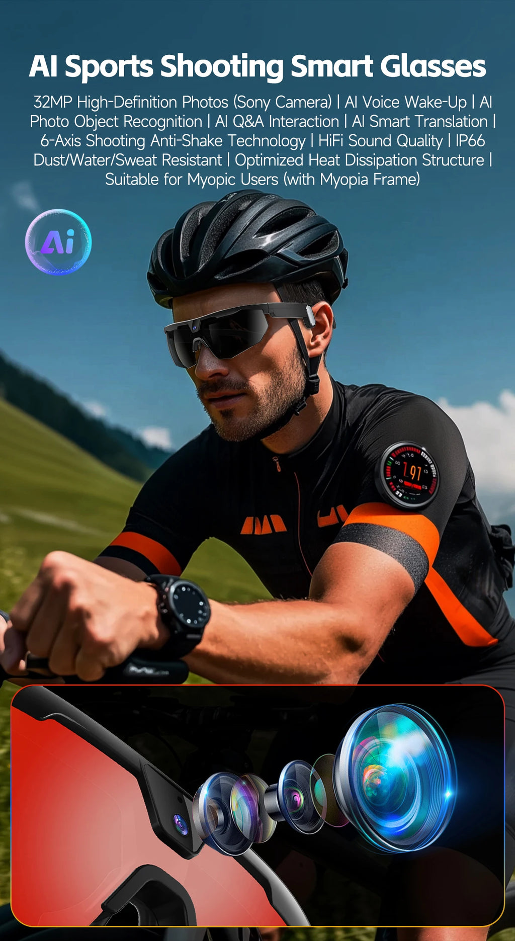 New AI smart glasses for outdoor cycling featuring an 800p camera and a compact, high-definition anti-shake action camera