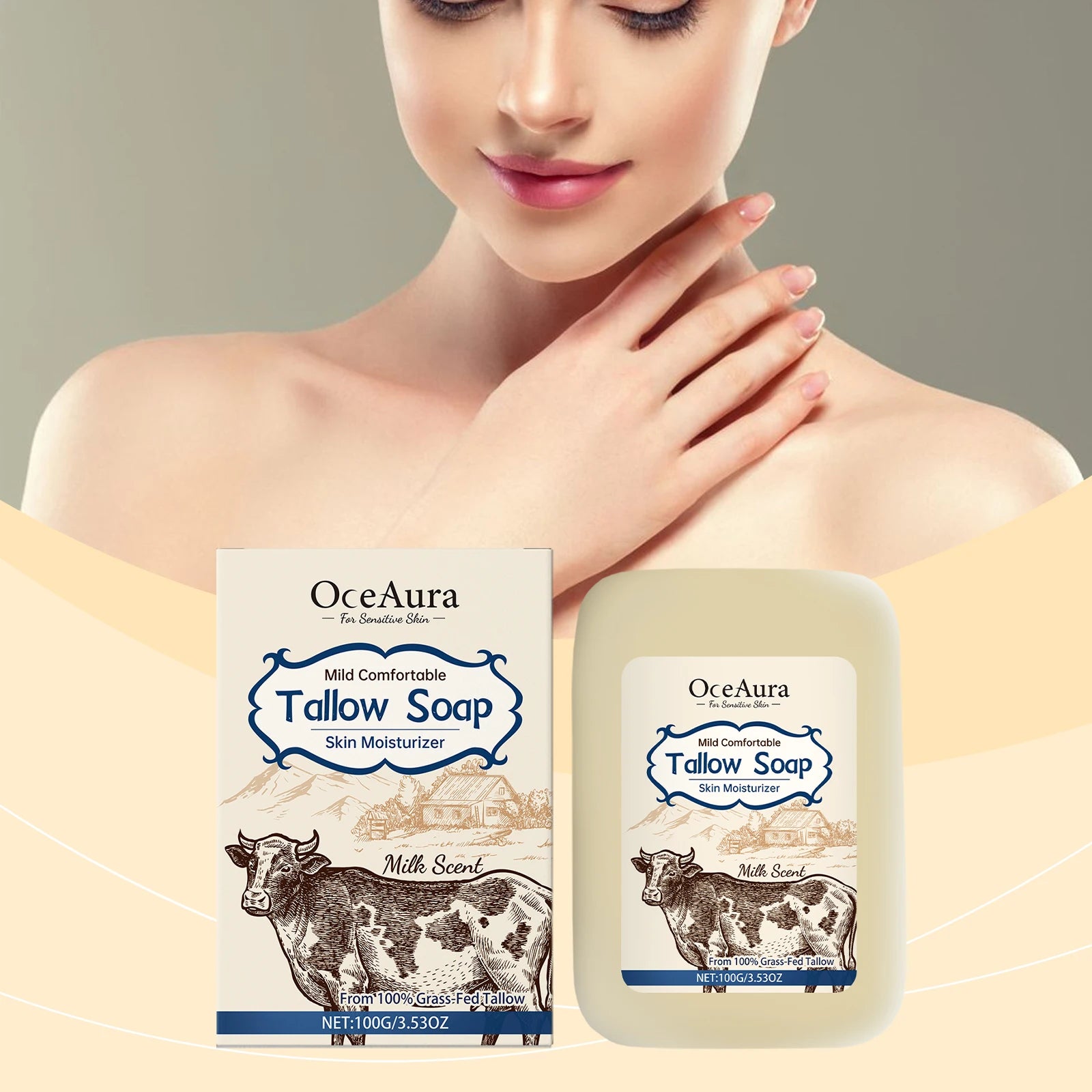 OCEAURA Tallow Soap, Beef Tallow Soap, Pure Tallow Balm Soap Bar for Sensitive Skin - Moisturizes, Soothes, and Hydrates 100g
