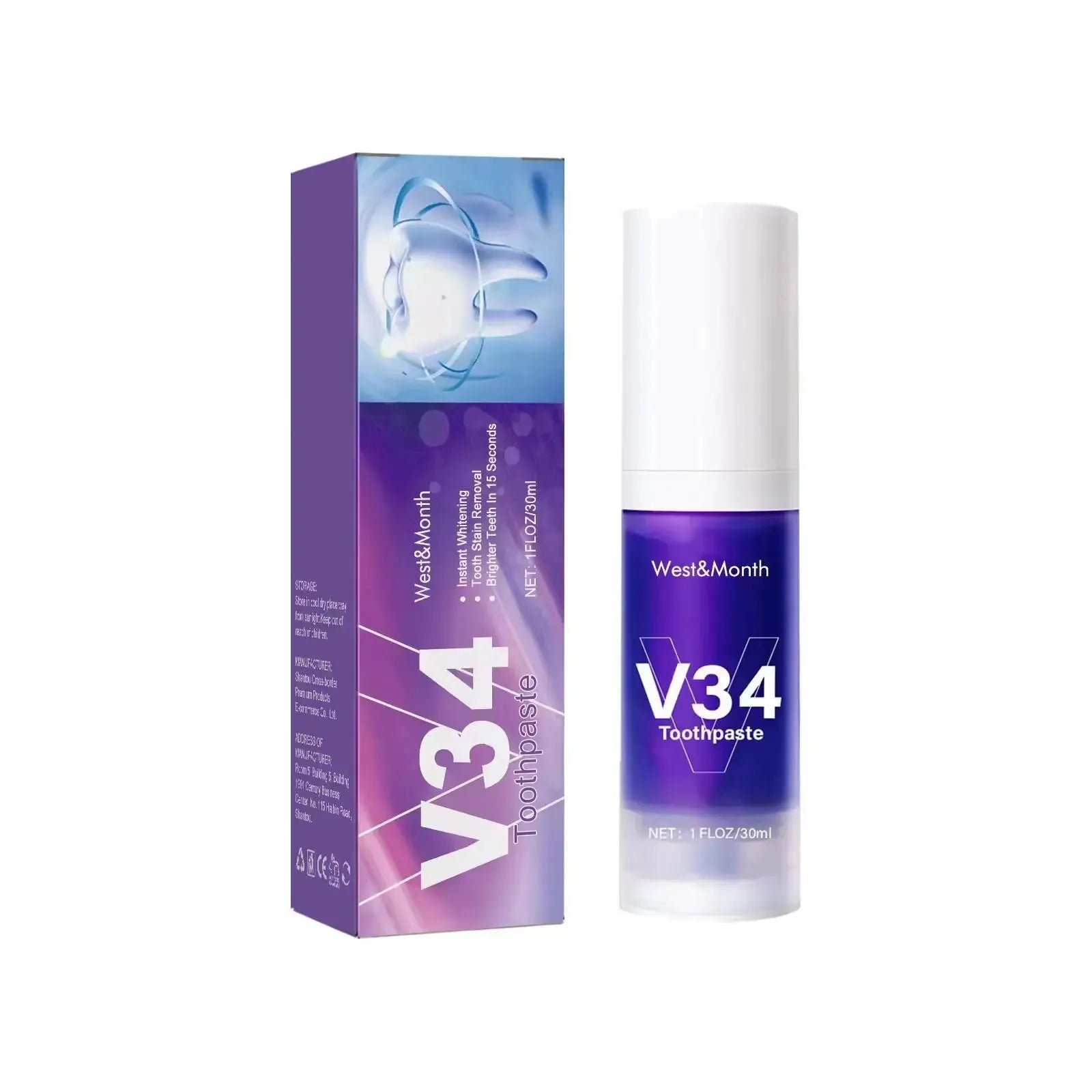 30ml V34  Purple Toothpaste Clean Oral Hygiene Fresh Breath Removes Tartar