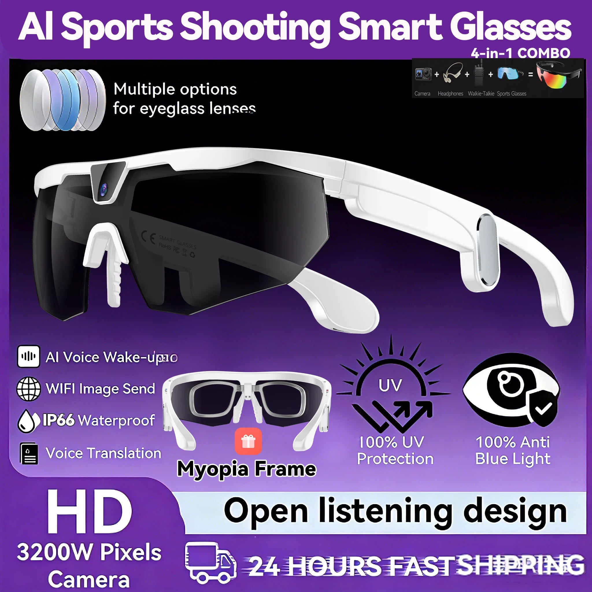 New AI smart glasses for outdoor cycling featuring an 800p camera and a compact, high-definition anti-shake action camera