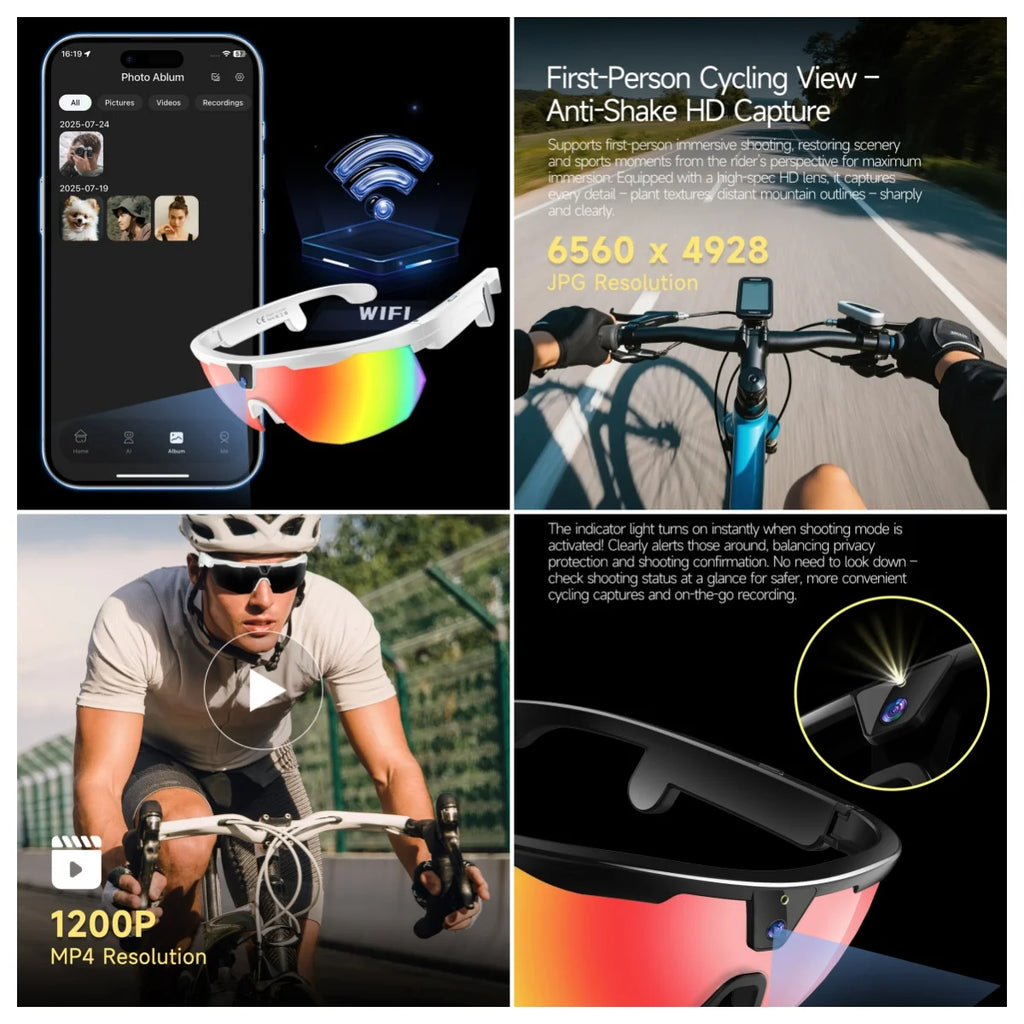 New AI smart glasses for outdoor cycling featuring an 800p camera and a compact, high-definition anti-shake action camera