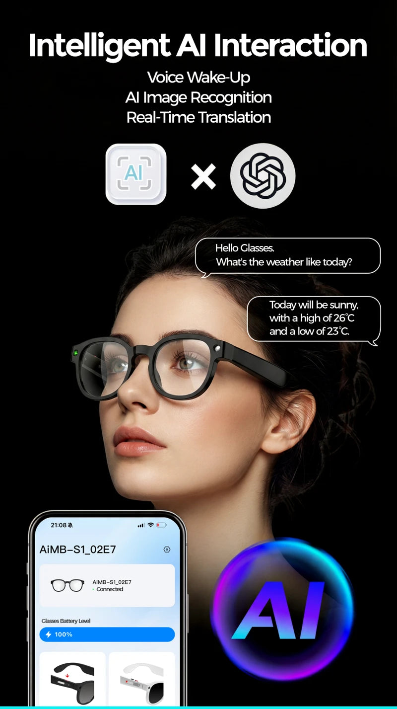AI Smart Glasses Translation Glasses 8MP HD Camera 4K Shooting Image Bluetooth Call Recording Music Photo Recognition Sunglasses