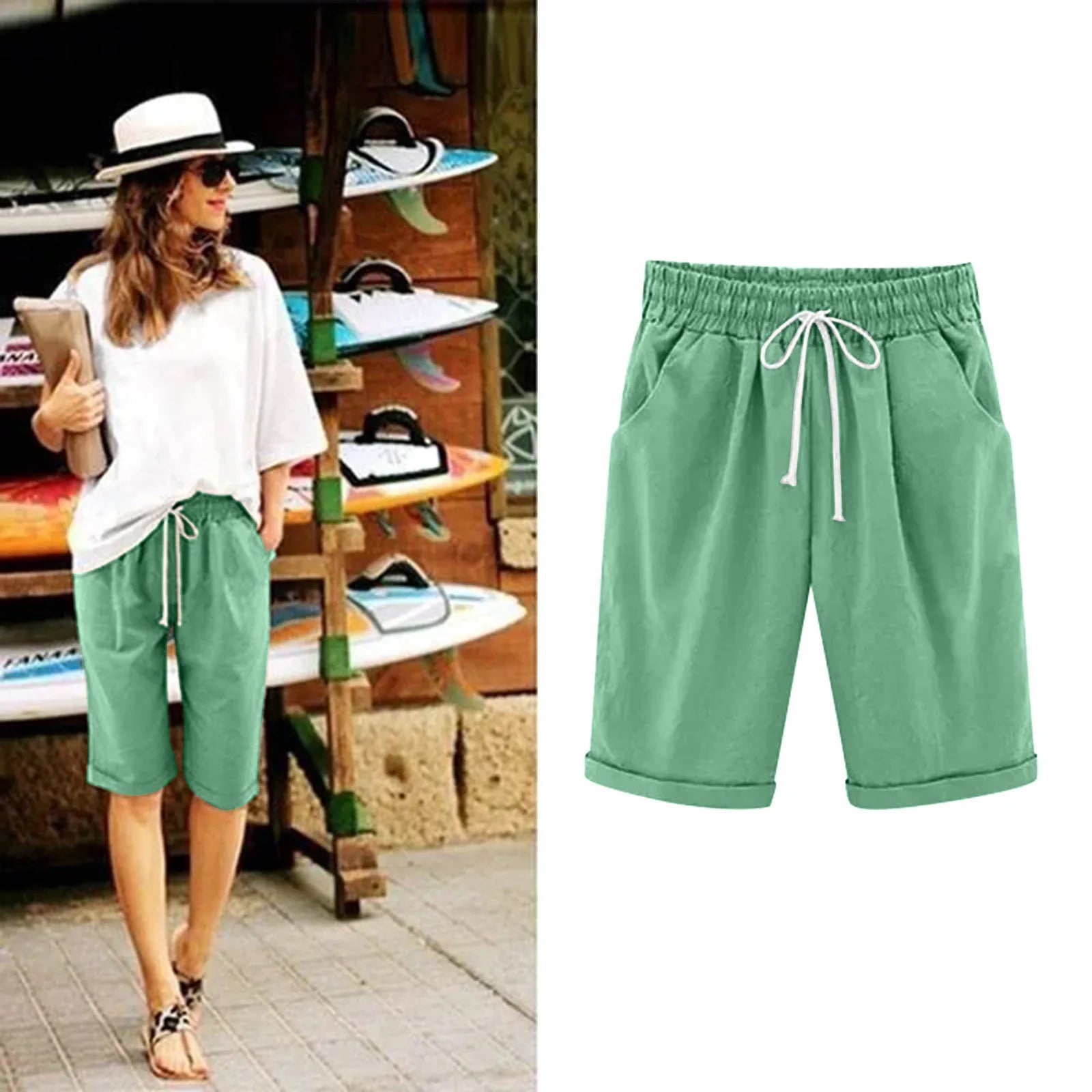 Five Point Pants For Women Summer Cotton Pants Plus Size High Waisted Shorts Lacing Beach Trousers Knee Length Workout Pocket