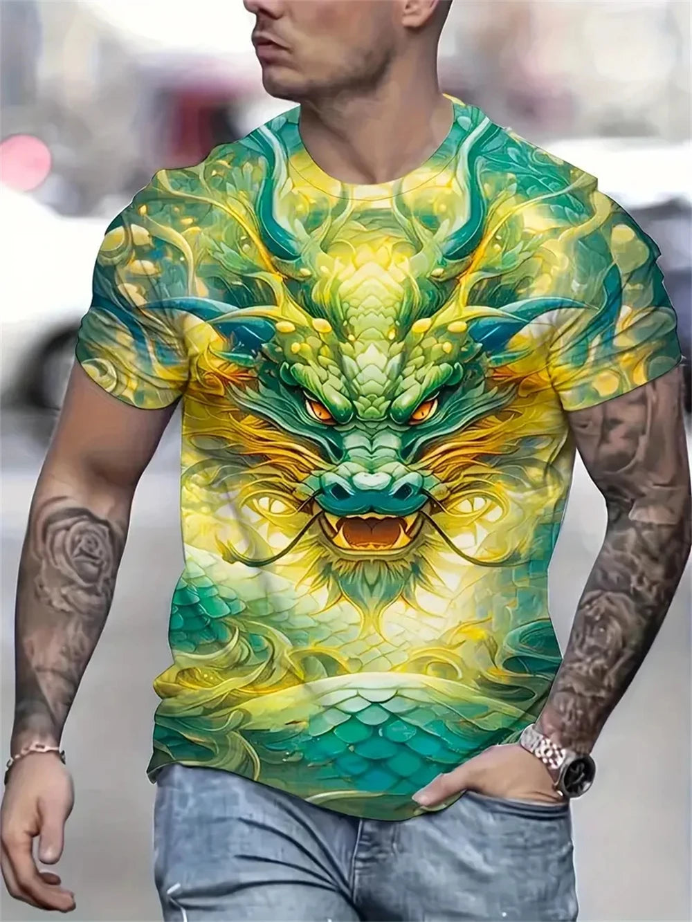 Mens Dragon Print Cotton Blend T-shirt - Stylish Crew Neck Comfortable & Breathable for Summer