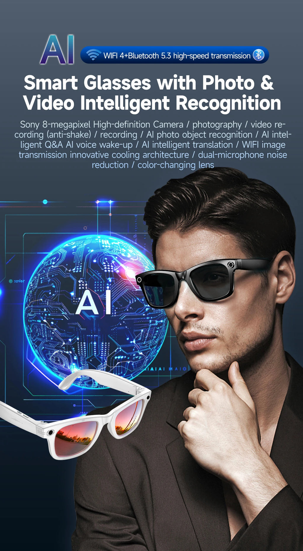AI Smart Glasses 800W Anti Shake Camera Video Recording Languages Translation Sunglasses For Man Woman Bluetooth Call Music Play