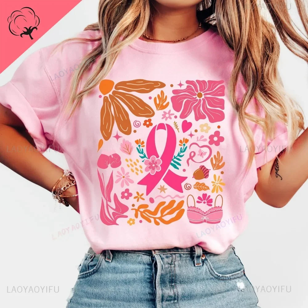 Breast Cancer Awareness We Wear Pink Awareness Ribbon Aesthetic Clothes Pink and White Tops Shirt