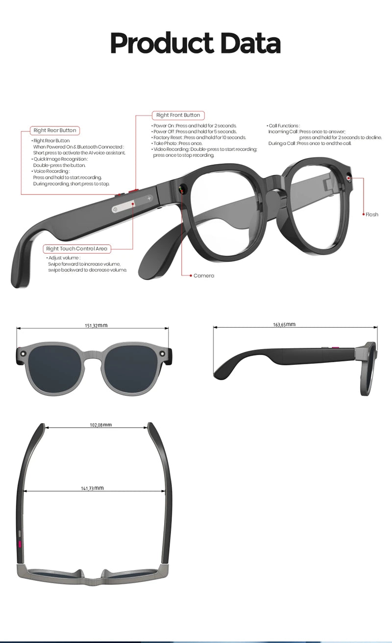 AI Smart Glasses Translation Glasses 8MP HD Camera 4K Shooting Image Bluetooth Call Recording Music Photo Recognition Sunglasses