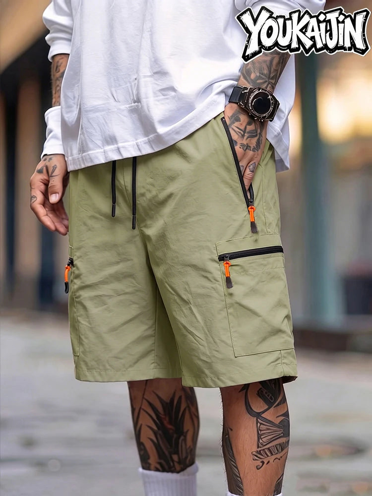 Men's Summer Quick Dry Cargo Shorts Thin Lightweight Elastic Waist with Drawstring Zipper Pockets Outdoor Hiking