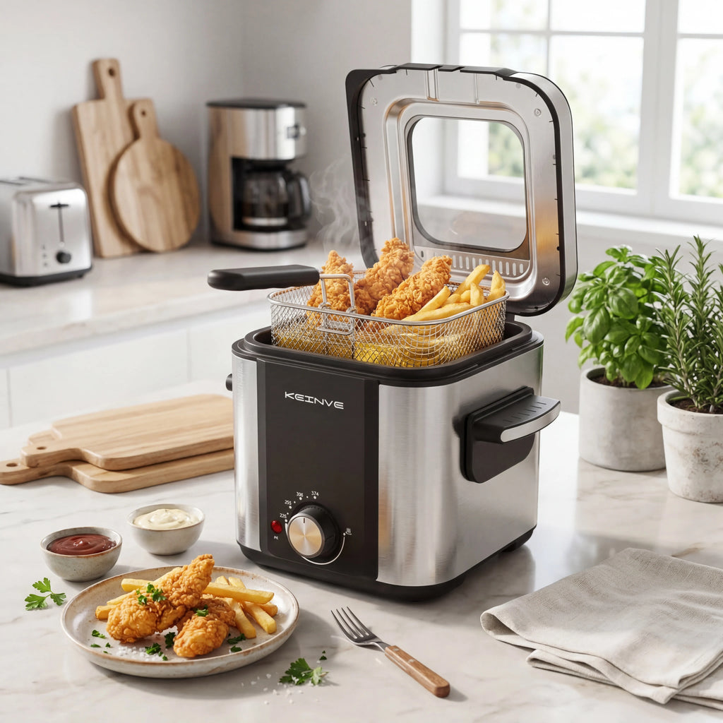 1.5L Electric Deep Fryer with Temp Control, Removable Lid With Odor Filter And Viewing Window, Immersion Frying Basket, 1000W