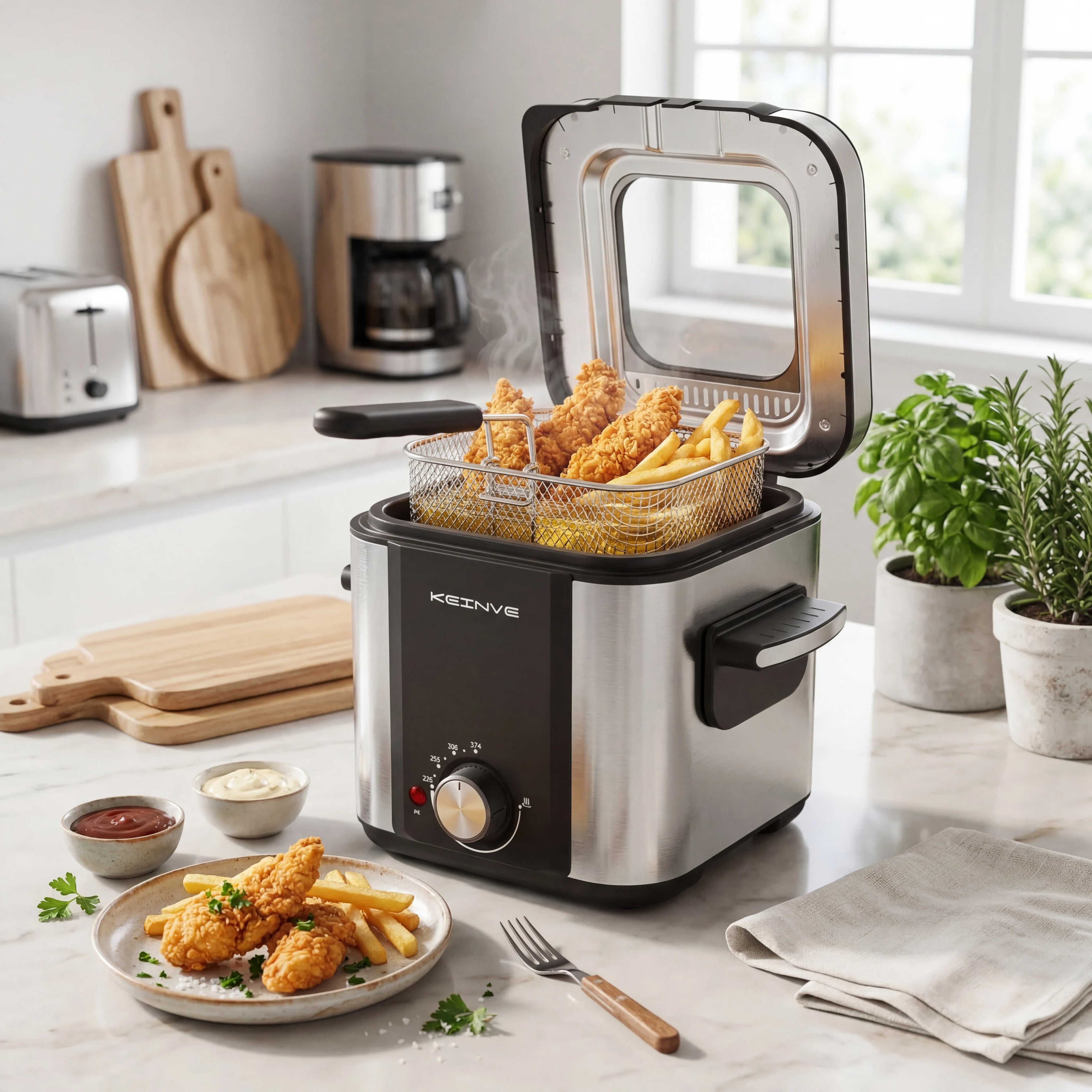 1.5L Electric Deep Fryer with Temp Control, Removable Lid With Odor Filter And Viewing Window, Immersion Frying Basket, 1000W