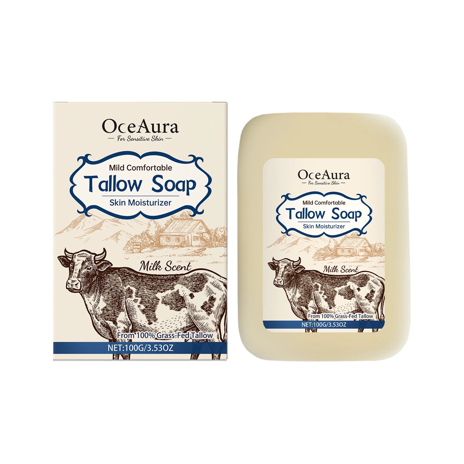 OCEAURA Tallow Soap, Beef Tallow Soap, Pure Tallow Balm Soap Bar for Sensitive Skin - Moisturizes, Soothes, and Hydrates 100g